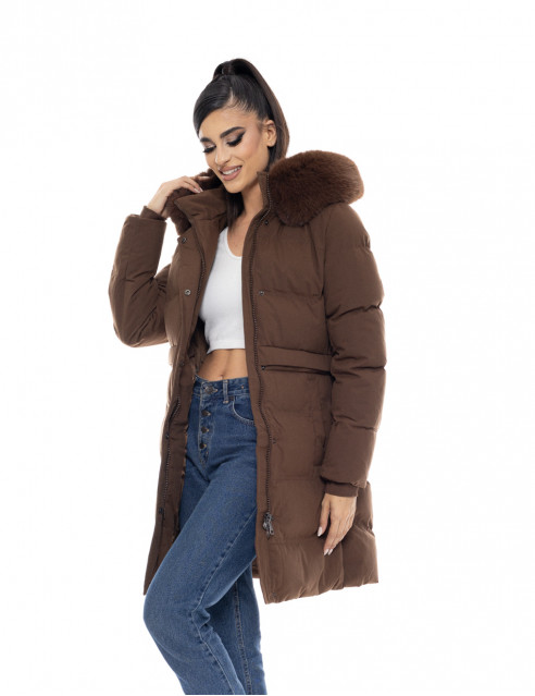 Biston fashion γυναικείο μακρύ μπουφάν με αποσπώμενη κουκούλα