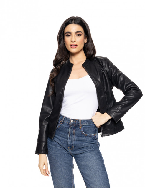 Biston fashion γυναικείο κοντό πανωφόρι από δερματίνη