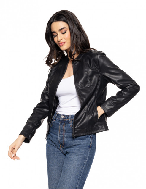 Biston fashion γυναικείο κοντό πανωφόρι από δερματίνη