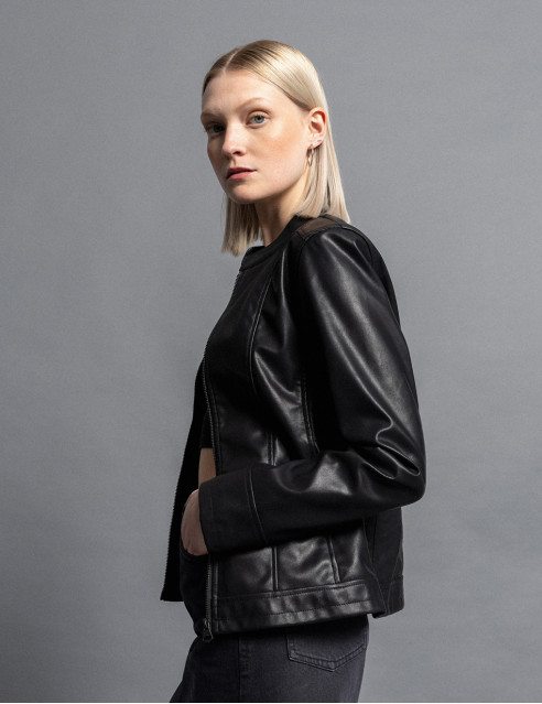 Biston fashion γυναικείο κοντό πανωφόρι από δερματίνη