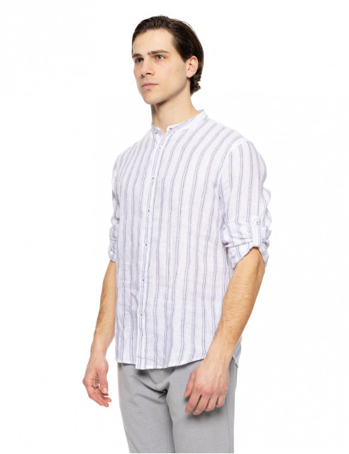 Smart fashion ανδρικό ριγέ λινό πουκάμισο με mao γιακά