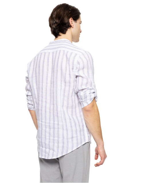 Smart fashion ανδρικό ριγέ λινό πουκάμισο με mao γιακά