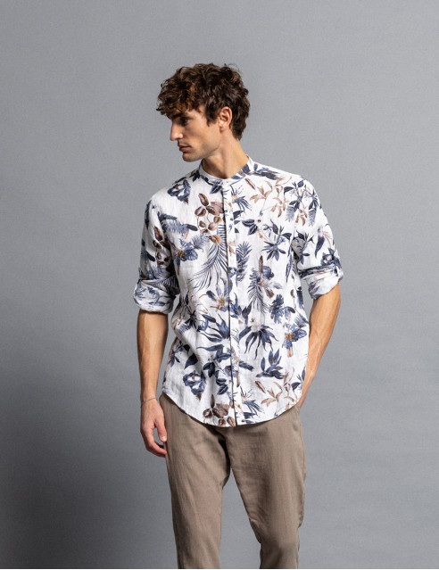 Smart fashion ανδρικό allover λινό πουκάμισο με mao γιακά