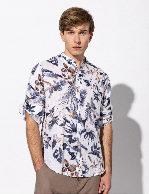 Smart fashion ανδρικό allover λινό πουκάμισο με mao γιακά