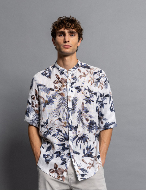 Smart fashion ανδρικό allover λινό πουκάμισο με mao γιακά