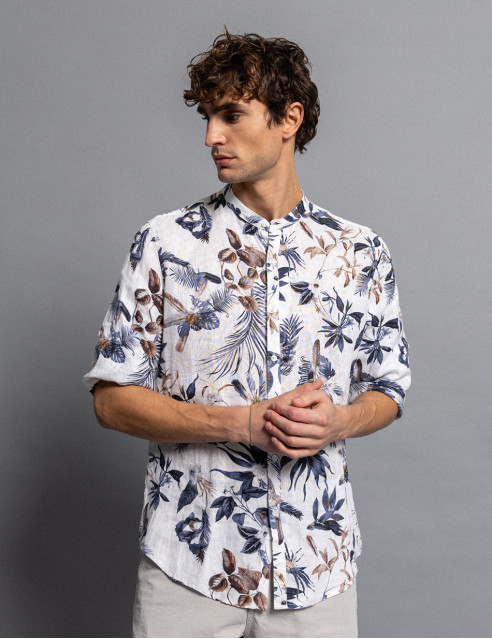 Smart fashion ανδρικό allover λινό πουκάμισο με mao γιακά
