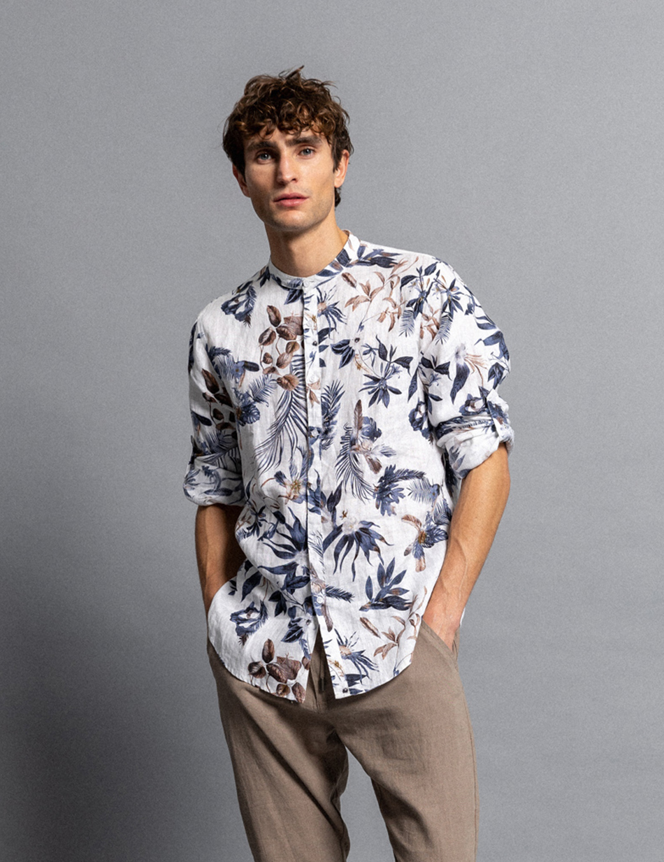 Smart fashion ανδρικό allover λινό πουκάμισο με mao γιακά