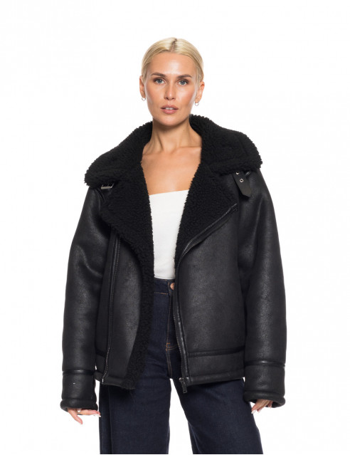 Biston fashion γυναικείο τζάκετ δερμάτινο εφέ, μουτόν