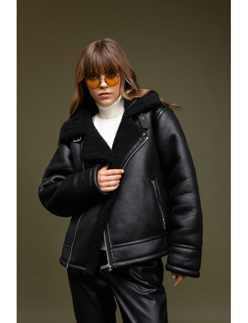 Biston fashion γυναικείο τζάκετ δερμάτινο εφέ, μουτόν