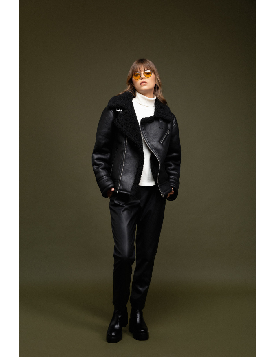 Biston fashion γυναικείο τζάκετ δερμάτινο εφέ, μουτόν