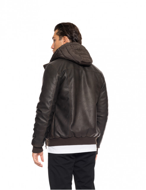 Splendid fashion Ανδρικό κοντό πανωφόρι από συνθετική δερματίνη με αποσπώμενη κουκούλα