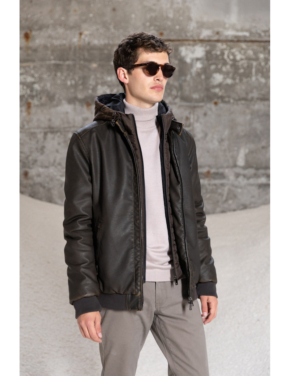 Splendid fashion Ανδρικό κοντό πανωφόρι από συνθετική δερματίνη με αποσπώμενη κουκούλα